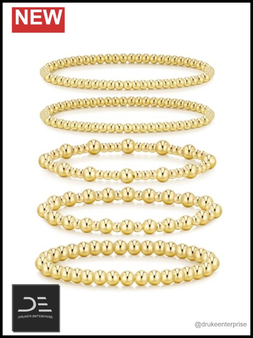 14K Gold Plated Beaded Strand Bracelet Set Adjustable Stack Jewelry